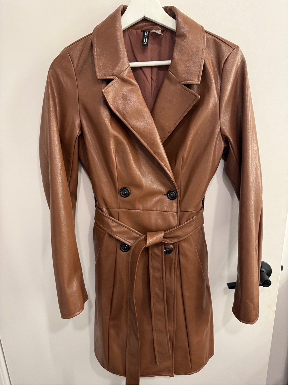 Divided Faux Leather Trench Coat in Cognac Brown